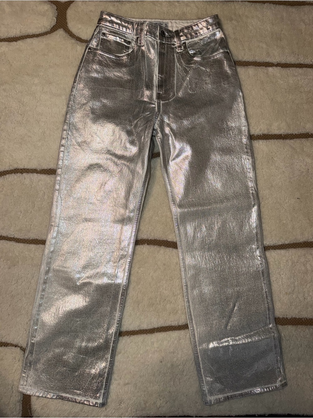 Abercrombie & Fitch Women’s 4/27 Silver Metallic High Rise Straight Leg Jeans
